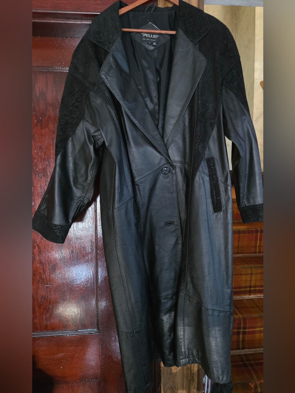 Vtg Pelle Studio black genuine leather long coat, textured pattern shoulder pads